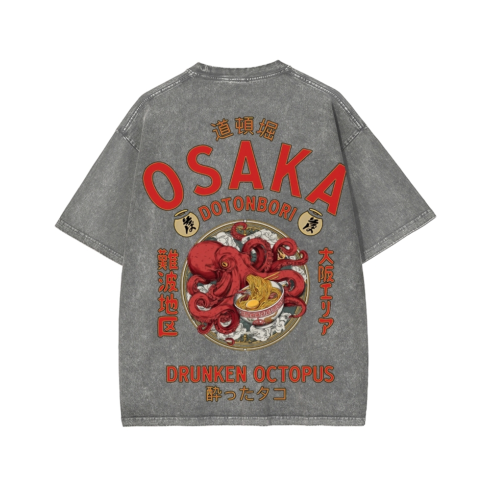 Tokyo-Assassin Osaka Drunken Octopus Eating Ramen Front And Back Printing Washed T-shirt