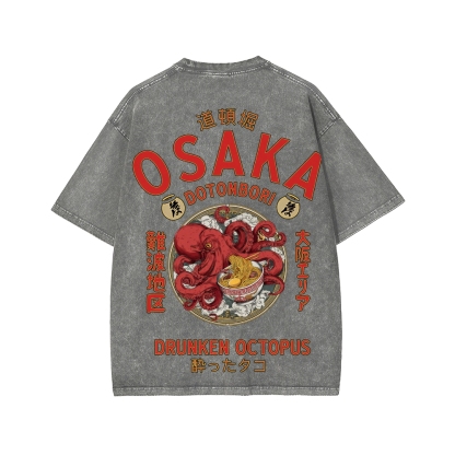 Tokyo-Assassin Osaka Drunken Octopus Eating Ramen Front And Back Printing Washed T-shirt