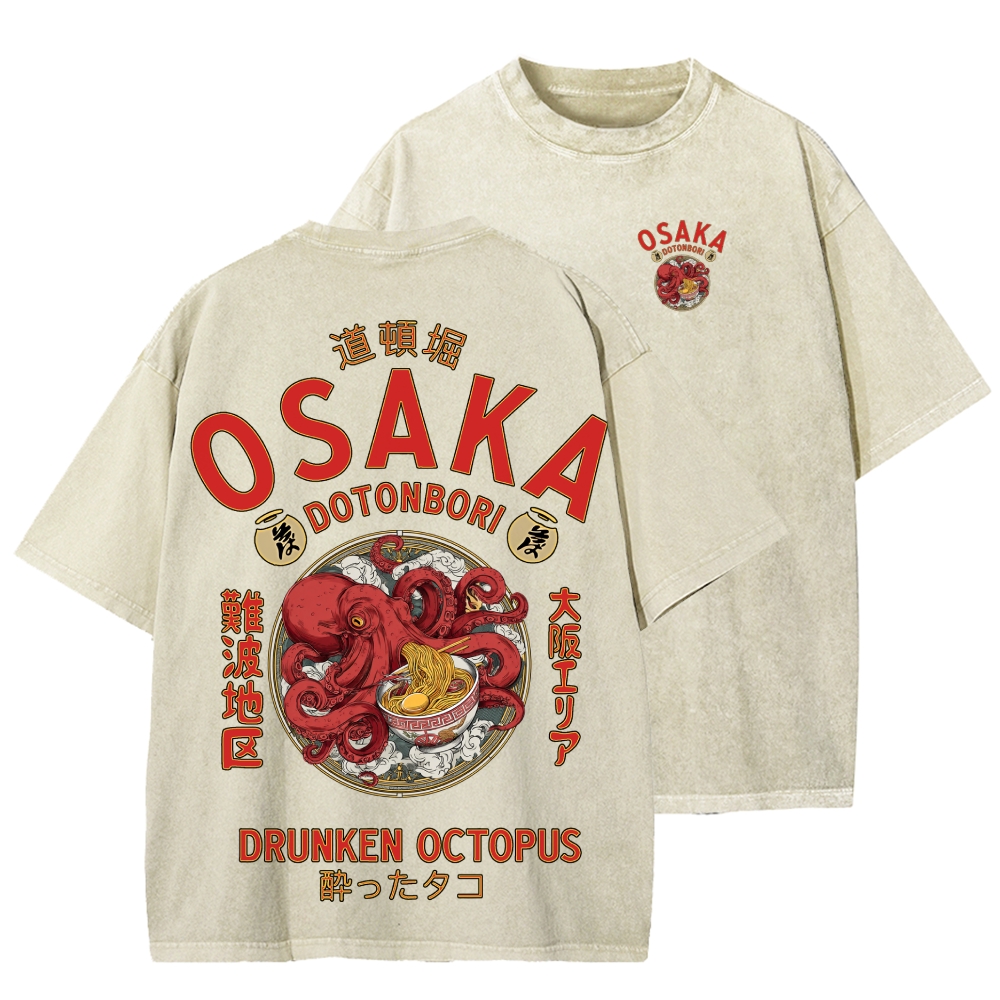 Tokyo-Assassin Osaka Drunken Octopus Eating Ramen Front And Back Printing Washed T-shirt