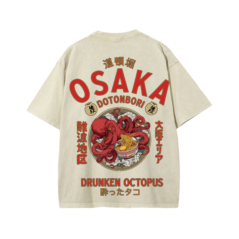 Tokyo-Assassin Osaka Drunken Octopus Eating Ramen Front And Back Printing Washed T-shirt