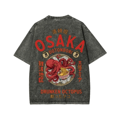 Tokyo-Assassin Osaka Drunken Octopus Eating Ramen Front And Back Printing Washed T-shirt