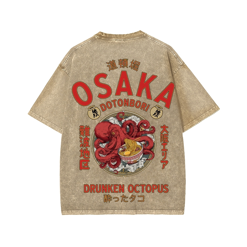 Tokyo-Assassin Osaka Drunken Octopus Eating Ramen Front And Back Printing Washed T-shirt