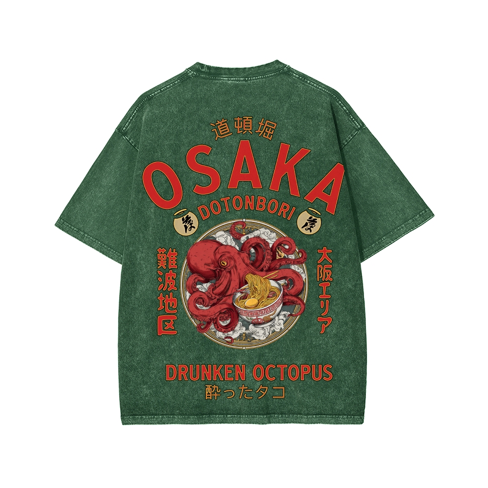 Tokyo-Assassin Osaka Drunken Octopus Eating Ramen Front And Back Printing Washed T-shirt