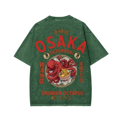 Tokyo-Assassin Osaka Drunken Octopus Eating Ramen Front And Back Printing Washed T-shirt