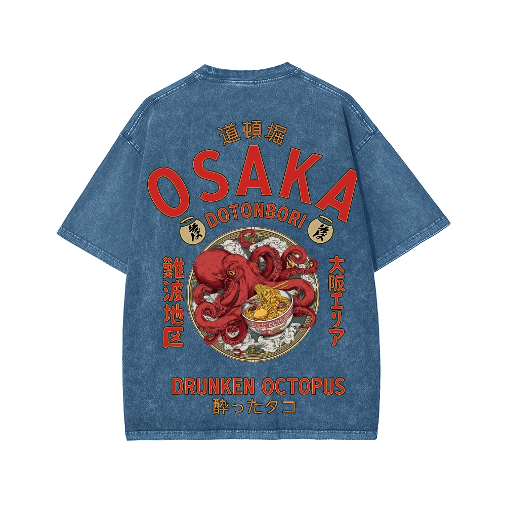 Tokyo-Assassin Osaka Drunken Octopus Eating Ramen Front And Back Printing Washed T-shirt