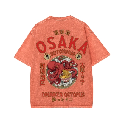 Tokyo-Assassin Osaka Drunken Octopus Eating Ramen Front And Back Printing Washed T-shirt
