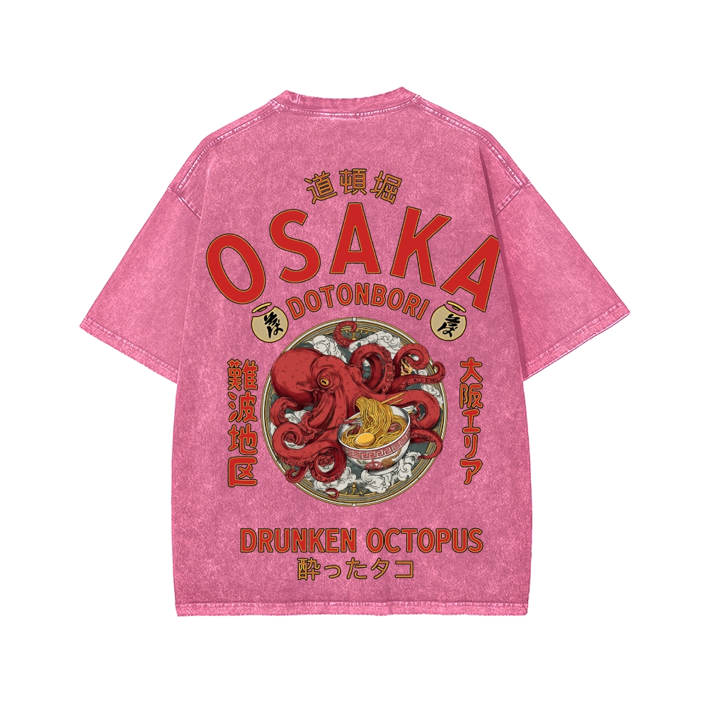 Tokyo-Assassin Osaka Drunken Octopus Eating Ramen Front And Back Printing Washed T-shirt