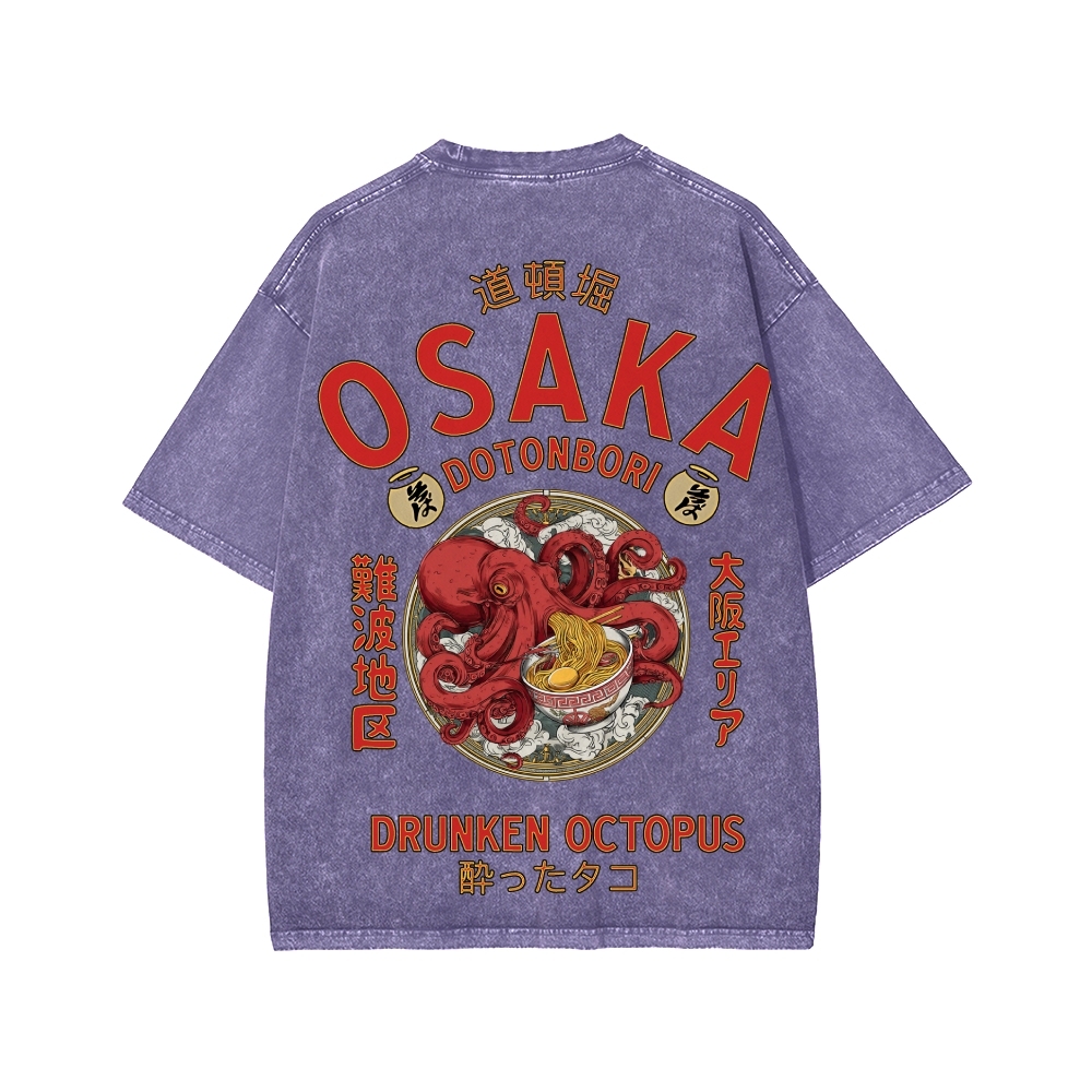 Tokyo-Assassin Osaka Drunken Octopus Eating Ramen Front And Back Printing Washed T-shirt