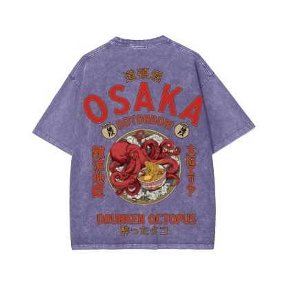 Tokyo-Assassin Osaka Drunken Octopus Eating Ramen Front And Back Printing Washed T-shirt