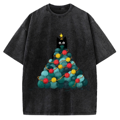 Yarn Christmas Tree Cat Vintage Washed T-shirt