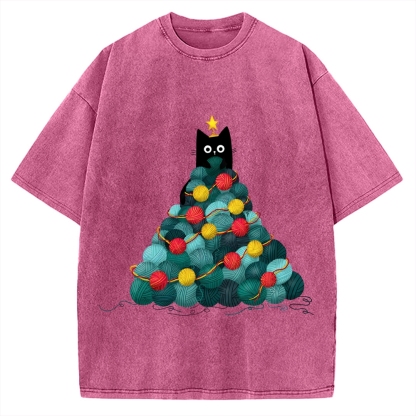 Yarn Christmas Tree Cat Vintage Washed T-shirt