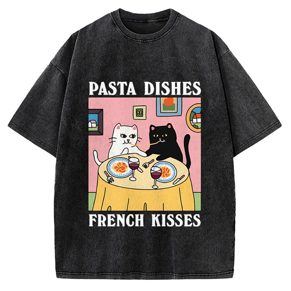 Pasta Dishes French Kisses Cat Vintage Washed T-shirt