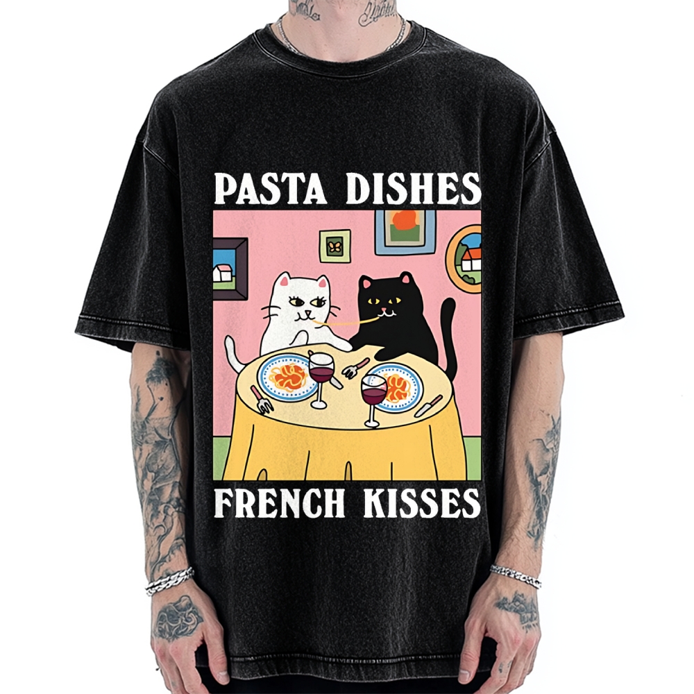Pasta Dishes French Kisses Cat Vintage Washed T-shirt