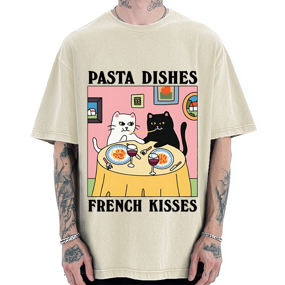 Pasta Dishes French Kisses Cat Vintage Washed T-shirt