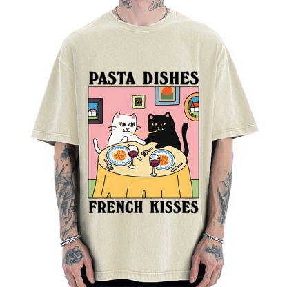 Pasta Dishes French Kisses Cat Vintage Washed T-shirt