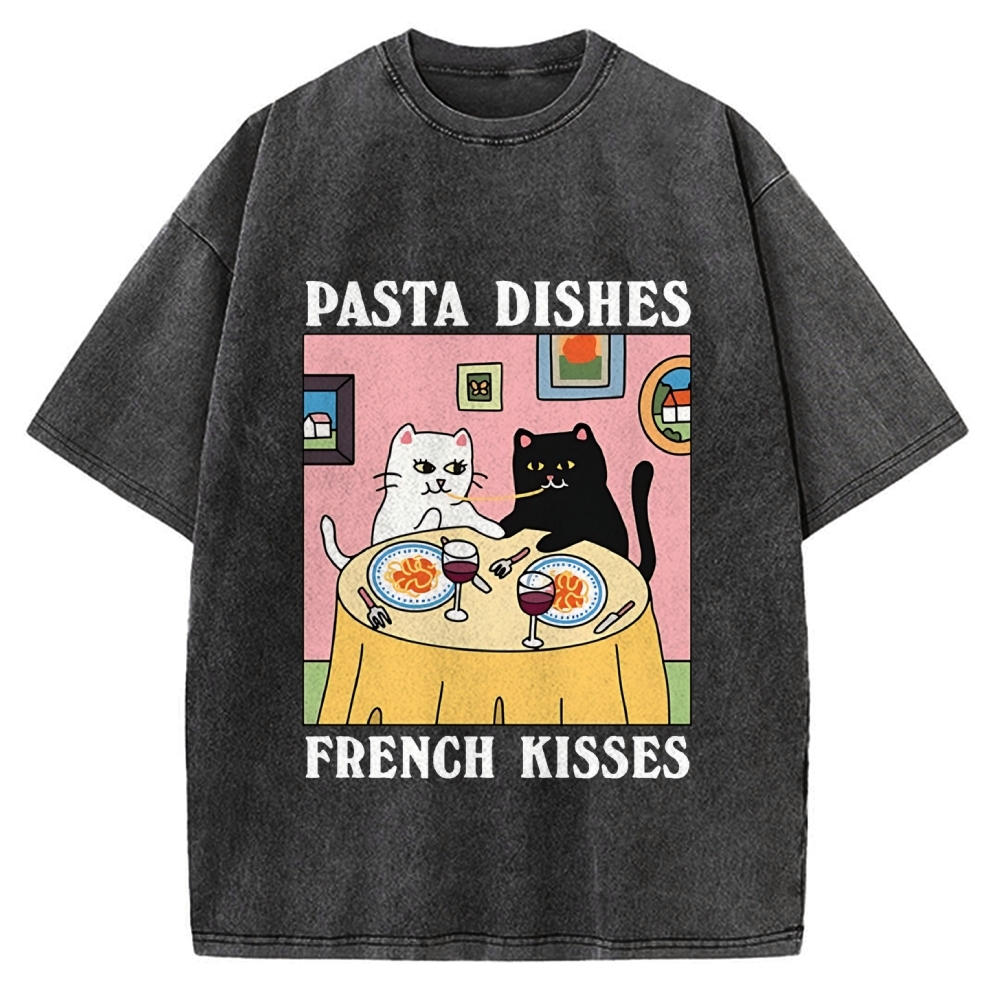Pasta Dishes French Kisses Cat Vintage Washed T-shirt