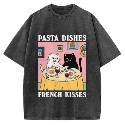 Pasta Dishes French Kisses Cat Vintage Washed T-shirt