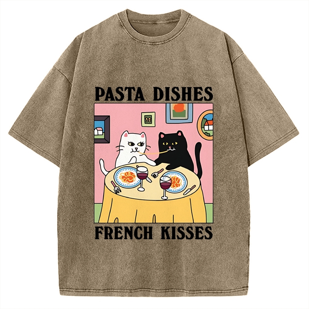 Pasta Dishes French Kisses Cat Vintage Washed T-shirt