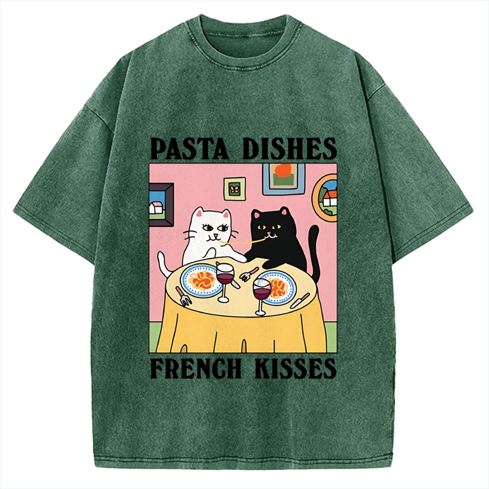 Pasta Dishes French Kisses Cat Vintage Washed T-shirt