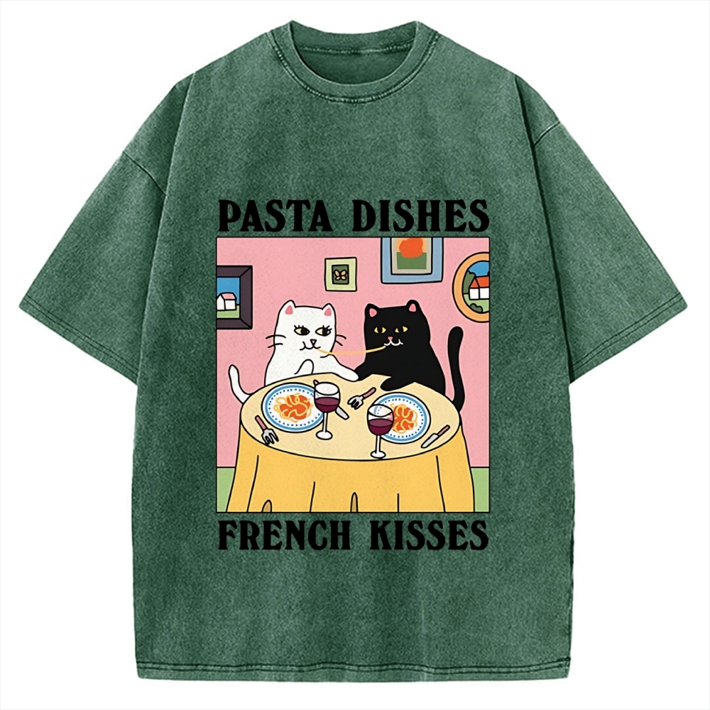 Pasta Dishes French Kisses Cat Vintage Washed T-shirt
