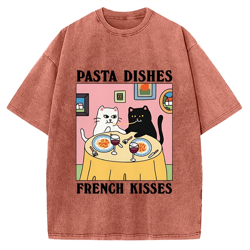 Pasta Dishes French Kisses Cat Vintage Washed T-shirt