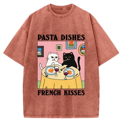 Pasta Dishes French Kisses Cat Vintage Washed T-shirt