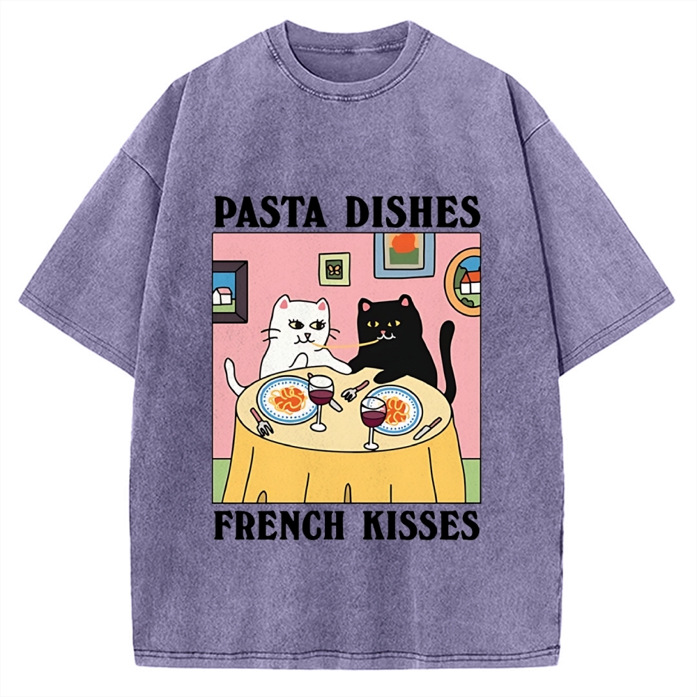 Pasta Dishes French Kisses Cat Vintage Washed T-shirt