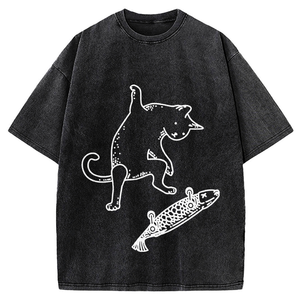Cat Skateboarding Vintage Washed T-shirt