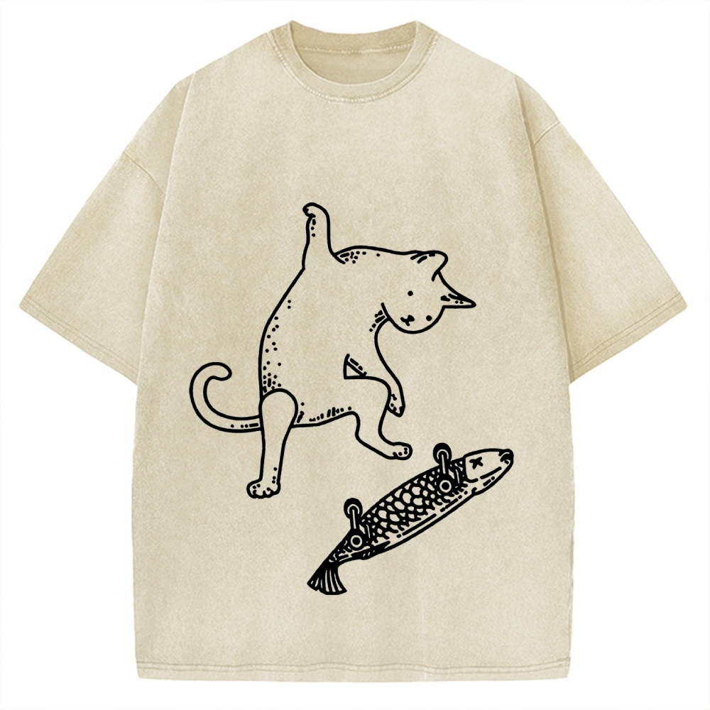 Cat Skateboarding Vintage Washed T-shirt