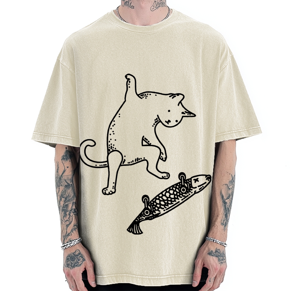 Cat Skateboarding Vintage Washed T-shirt