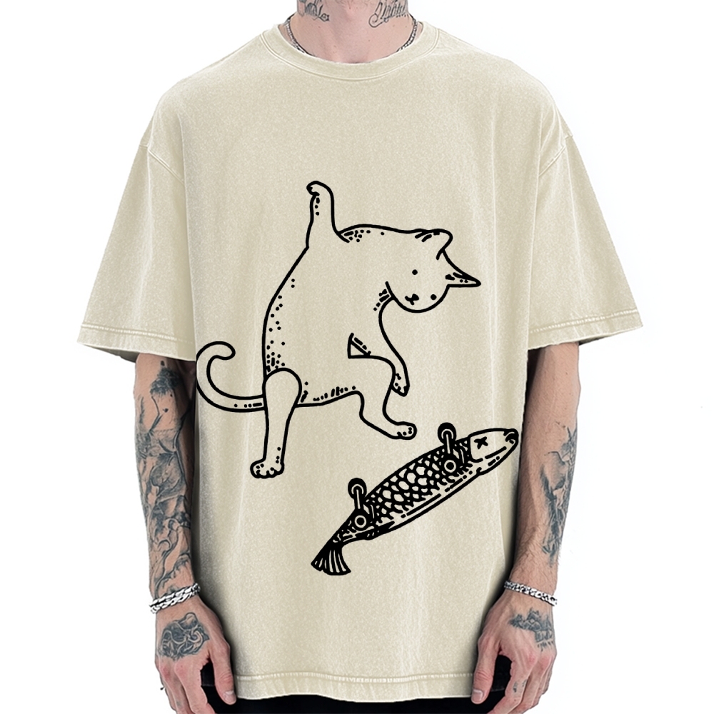 Cat Skateboarding Vintage Washed T-shirt