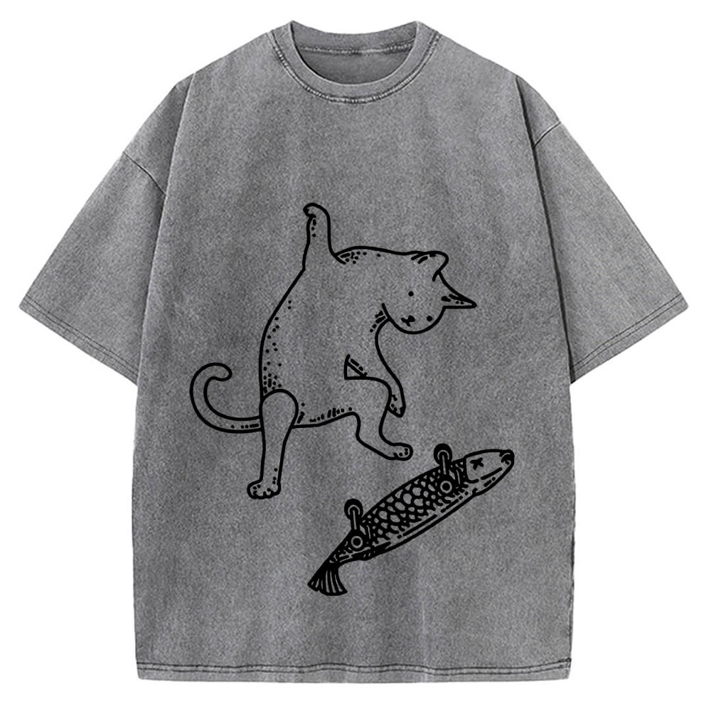 Cat Skateboarding Vintage Washed T-shirt