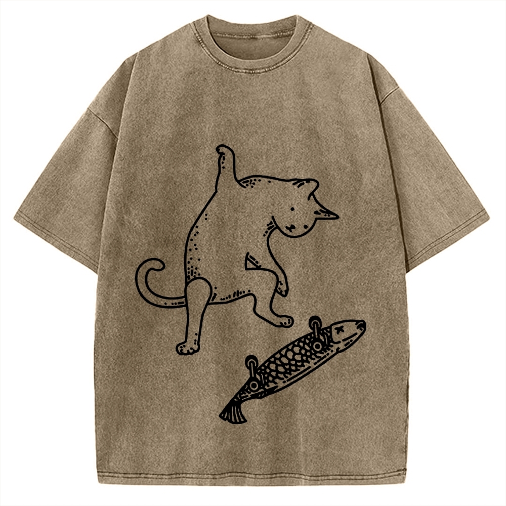 Cat Skateboarding Vintage Washed T-shirt