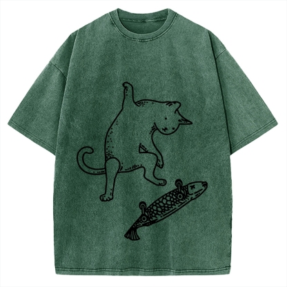 Cat Skateboarding Vintage Washed T-shirt