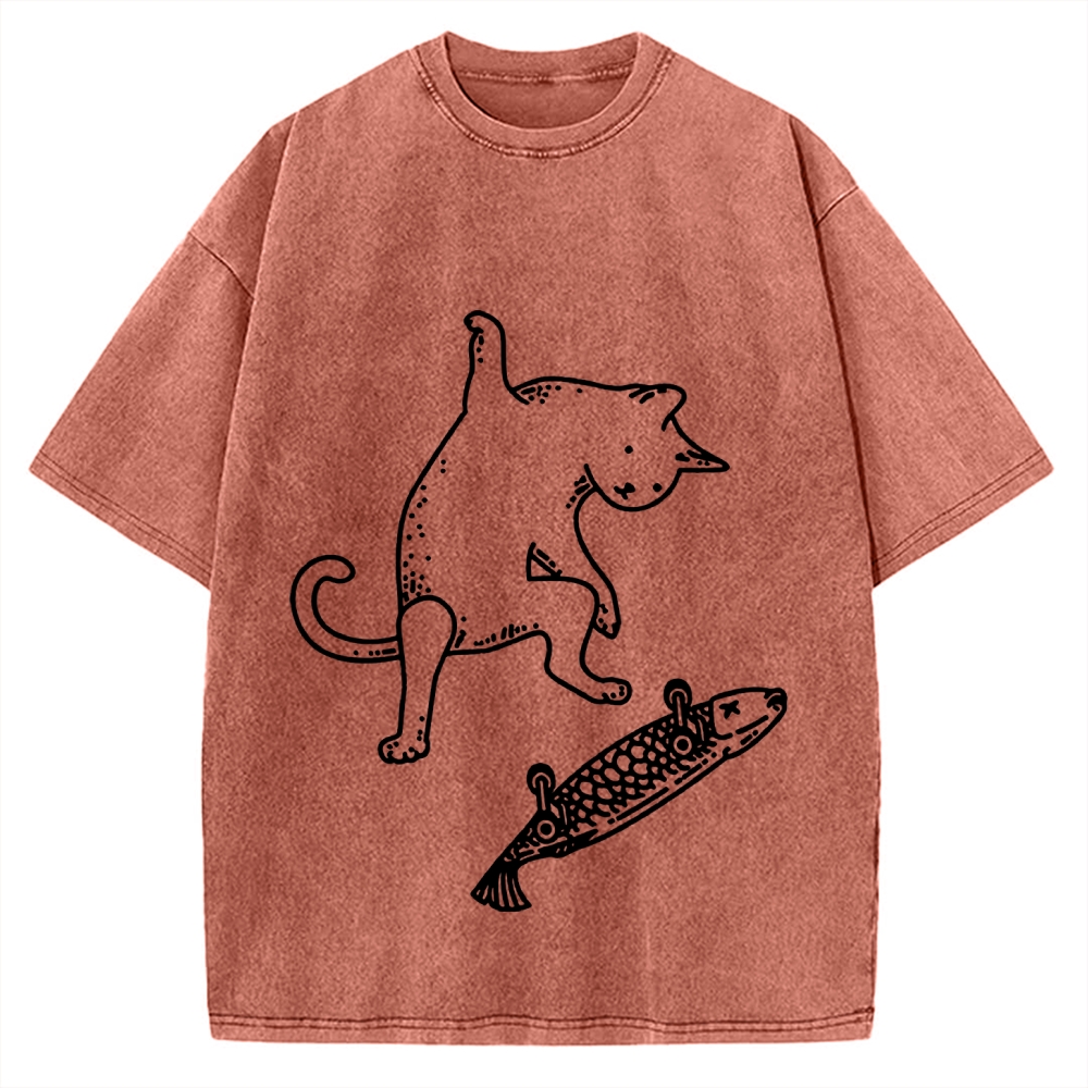 Cat Skateboarding Vintage Washed T-shirt