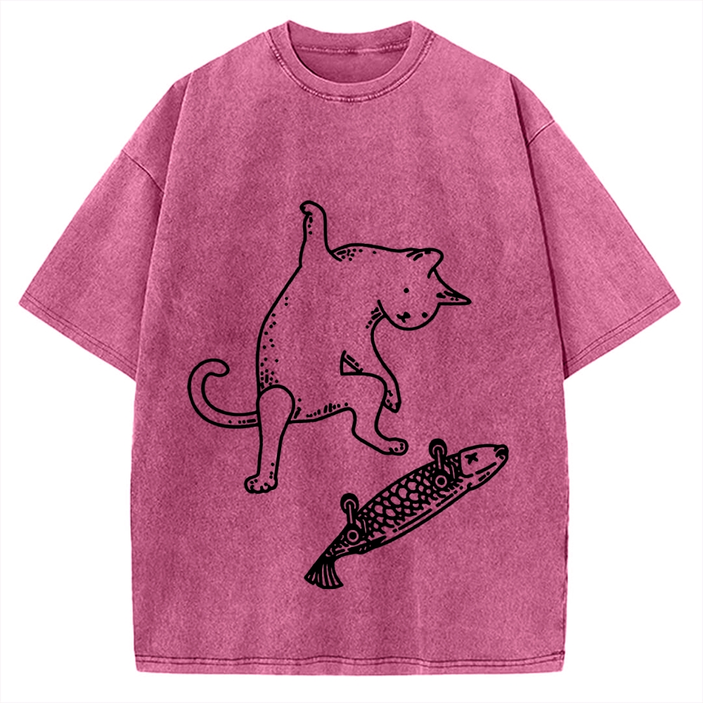 Cat Skateboarding Vintage Washed T-shirt