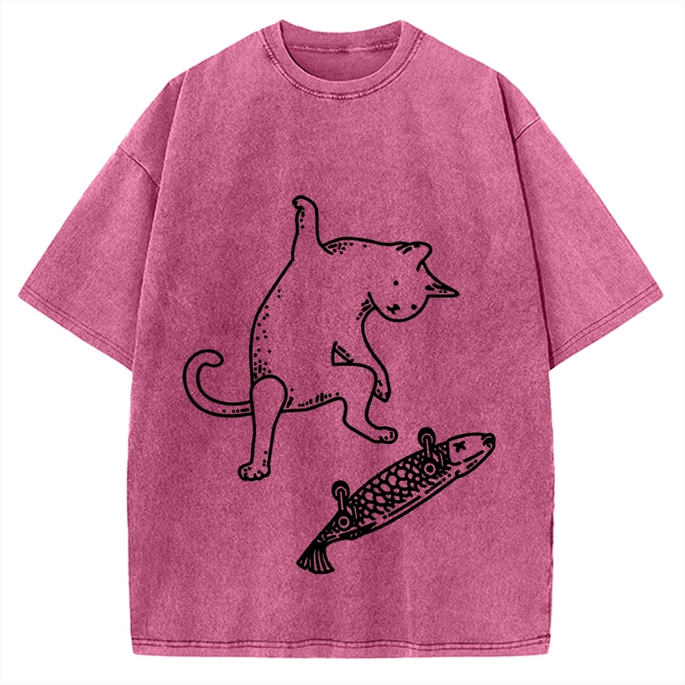 Cat Skateboarding Vintage Washed T-shirt