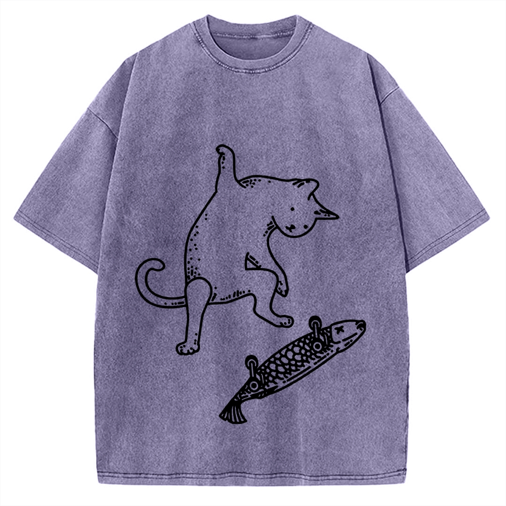 Cat Skateboarding Vintage Washed T-shirt