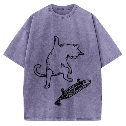 Cat Skateboarding Vintage Washed T-shirt