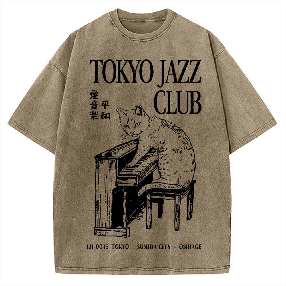 Cat Playing The Piano Japan Vintage Washed T-shirt