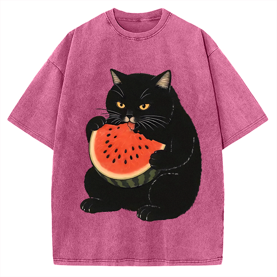 Black cat eating watermelon Vintage Washed T-shirt