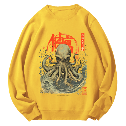 Japanese Style Octopus in The Hhuge Waves Round Neck Sweatshirt-Zazasy