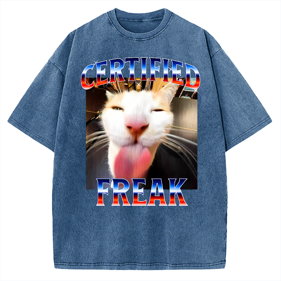 Certified Freak Cat Tongue Out - Funny Meme Cat Vintage Washed T-shirt