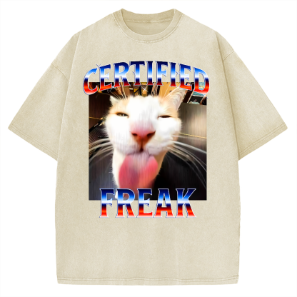 Certified Freak Cat Tongue Out - Funny Meme Cat Vintage Washed T-shirt
