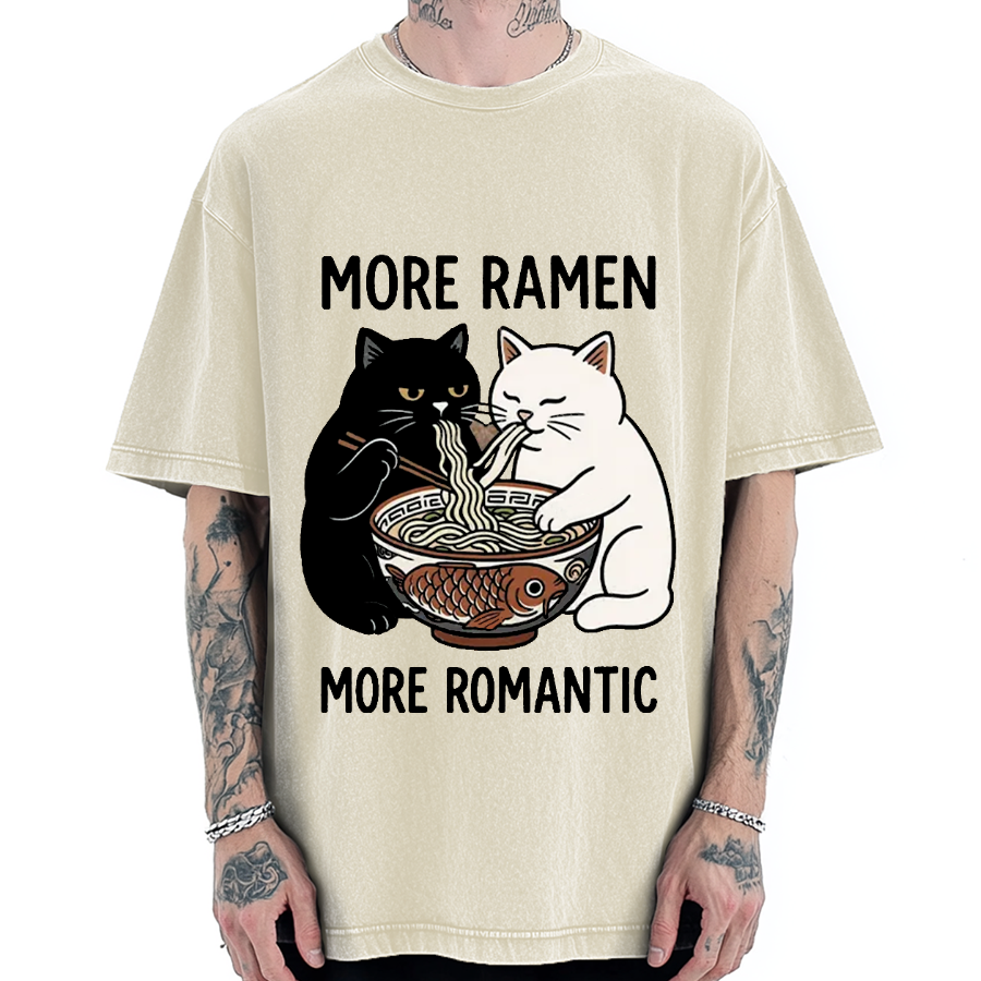 Two Cats Are Eating Ramen More Ramen More Ramantic Vintage Washed T-shirt