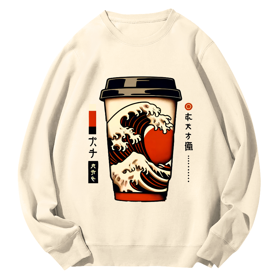 Giant Wave Coffee Japanese Round Neck Sweatshirt-Zazasy