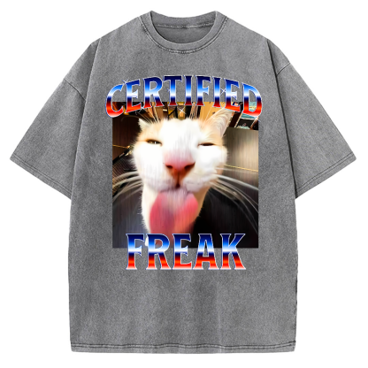 Certified Freak Cat Tongue Out - Funny Meme Cat Vintage Washed T-shirt