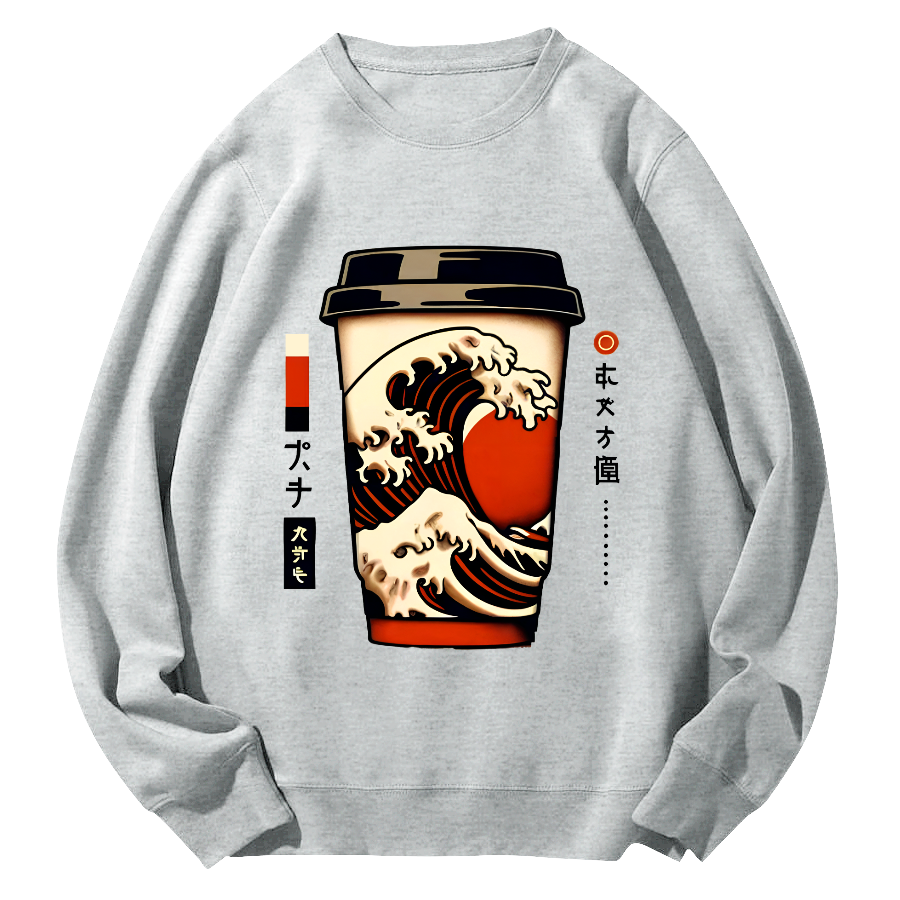 Giant Wave Coffee Japanese Round Neck Sweatshirt-Zazasy