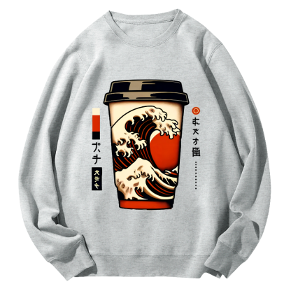 Giant Wave Coffee Japanese Round Neck Sweatshirt-Zazasy