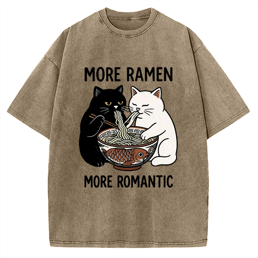 Two Cats Are Eating Ramen More Ramen More Ramantic Vintage Washed T-shirt